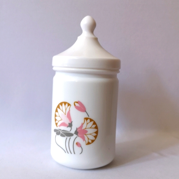 Vintage White Glass Apothecary Jar with Lid, Art Deco Fan Flower & Lilly Design - Picture 1 of 4
